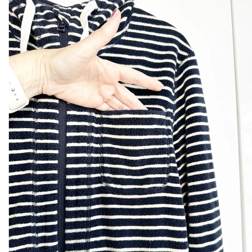 Snow Peak Terry Cloth Zip Up Hoodie Navy Cream Striped Medium Unisex